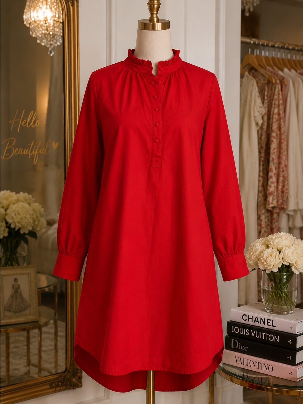 Sugar Lips Red Ruffle Neck Shift Mini Dress M Holiday Preppy Romantic - Picture 2 of 9